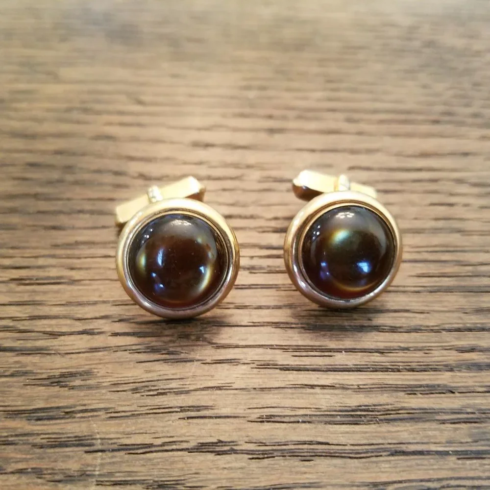 Vintage Gold Tone with Brown Stone Cuff Links